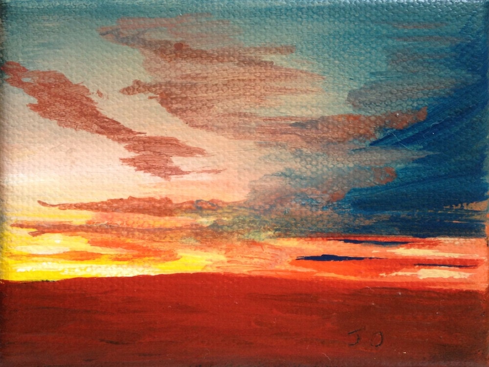 Sunset Over Field - Original Acrylic Painting on Canvas - Framed