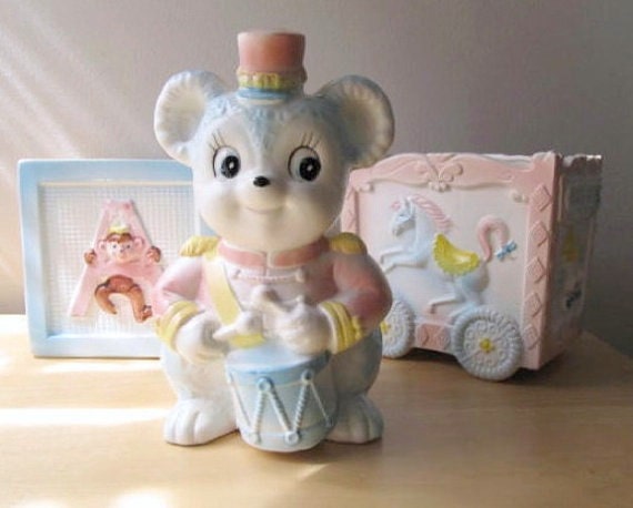 circus theme nursery, vintage ceramic baby planters, teddy bear