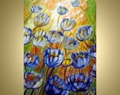 Original Oil Painting  Modern Blue Poppy Flowers Wall Decor Art on Canvas by Luiza Vizoli