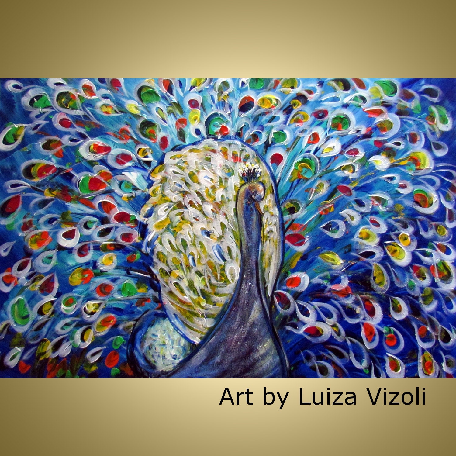 Original Modern Textured Palette Impasto Whimsical  Bird Oil Art PEACOCK PRIDE by Luiza Vizoli large painting