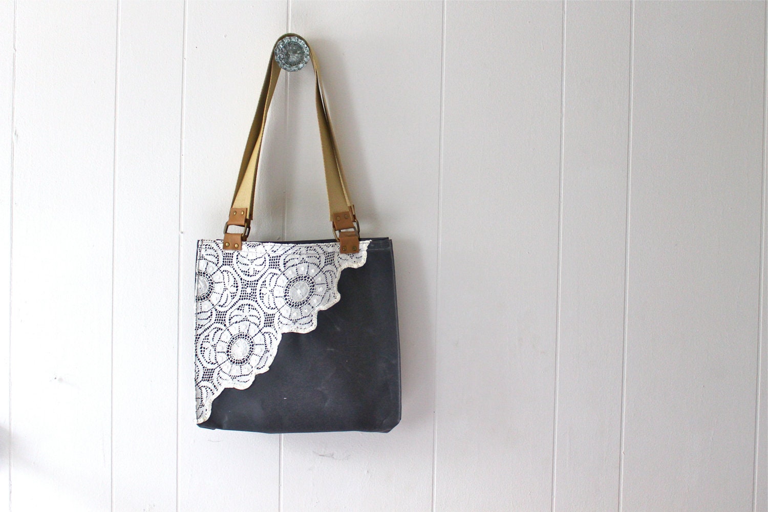 Waxed Canvas Tote Bag for women with Vintage Lace - Dark Grey