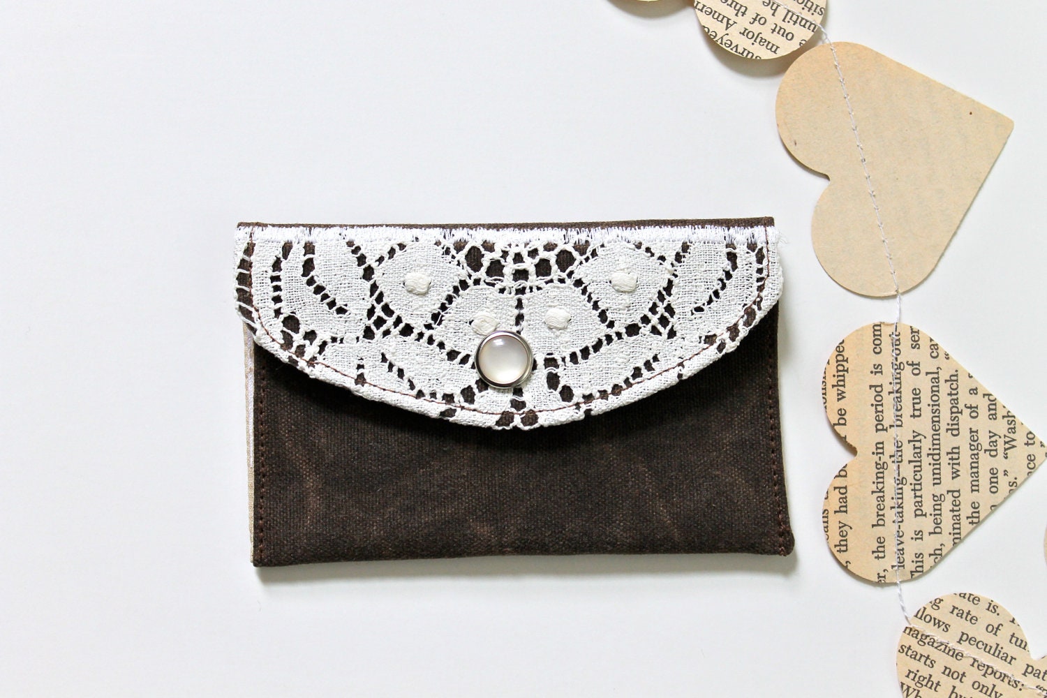 Small fabric wallet - dark brown waxed canvas and vintage lace