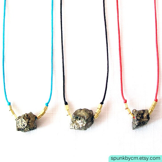 Pyrite Nugget, Brass Cotton Cord Minimalist Necklace - Mixed Metal - Black, Red, Turquoise
