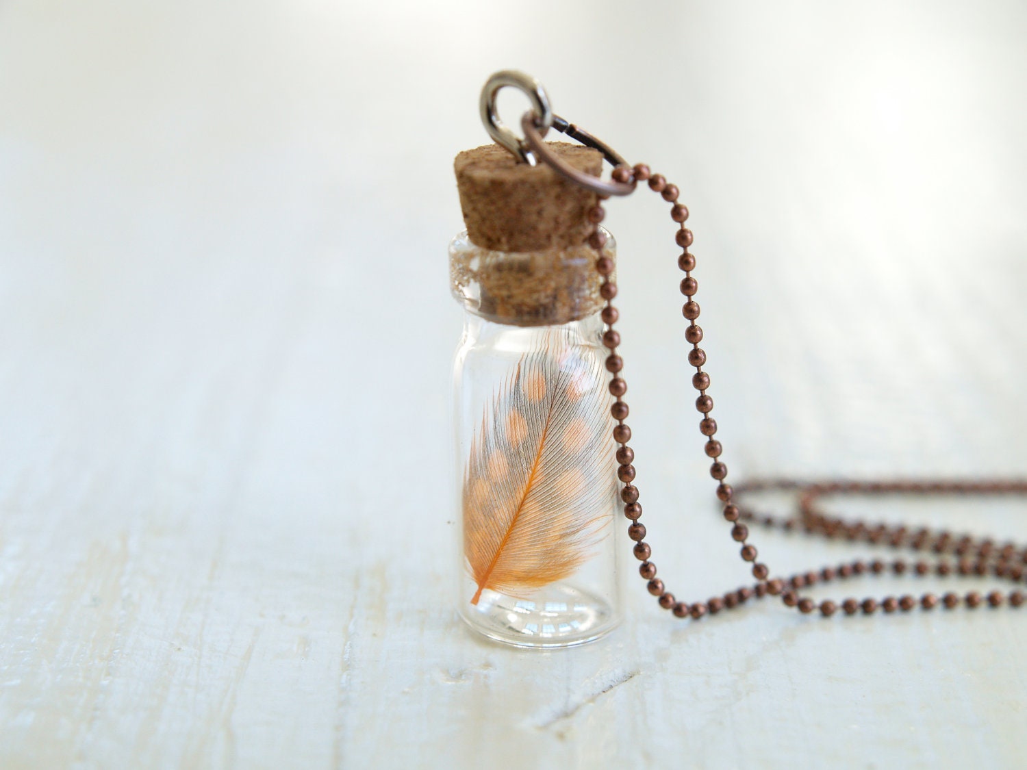 Feather Necklace Orange, Miniature Locket Guineafowl pendant jewelry woodland Mini Small, Natural, nature inspired Christmas Gift Tribal