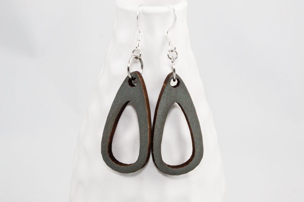 Wood Earrings - Hollow Teardrops (Gray)