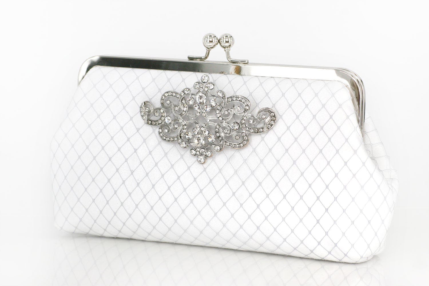 White Bridal Clutch with Rhinestone Geometric Brooch (lace cross) 8-inch PASSION ARTDECO