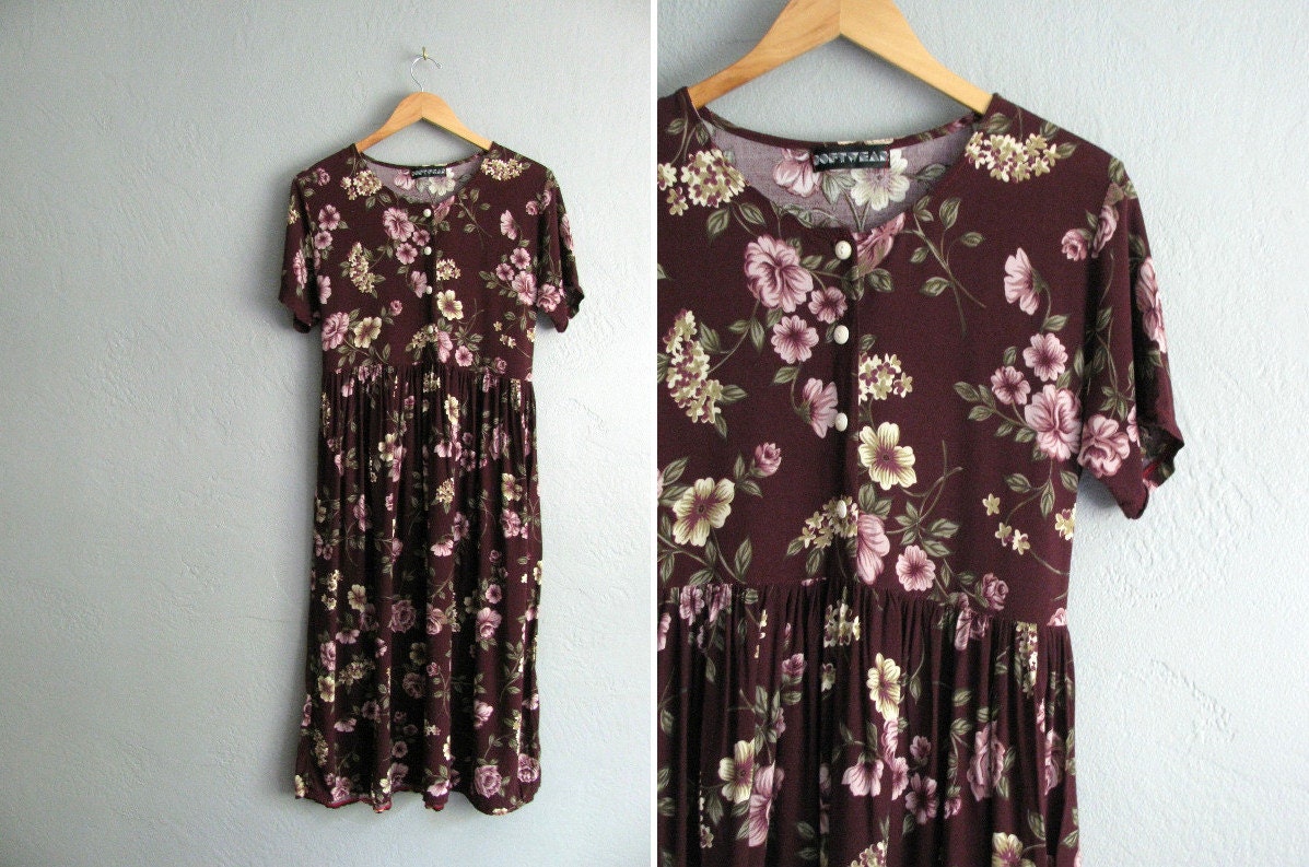 vintage '90s WINE FLORAL babydoll short sleeve SLOUCHY midi dress. size m.