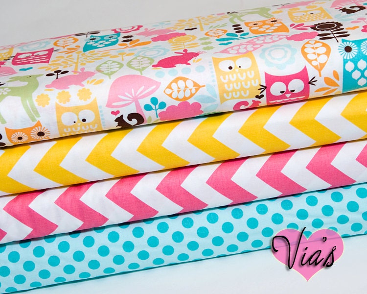 Forest Life : Chevron Owls Fat Quarter Kit by Michael Miller Riley Blake Designer Cotton Quilt Fabric Yellow Pink Blue Aqua