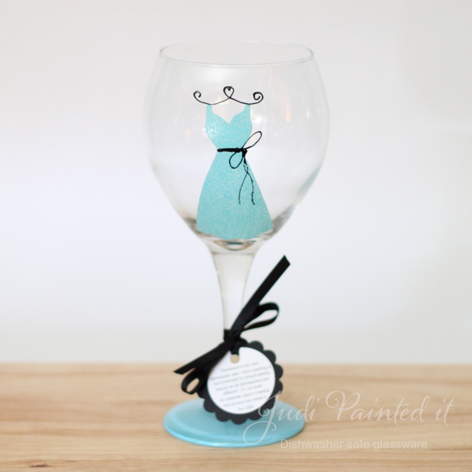 Bridesmaid dress hand painted wine glass in Sky blue - FREE Personalization and dishwasher safe