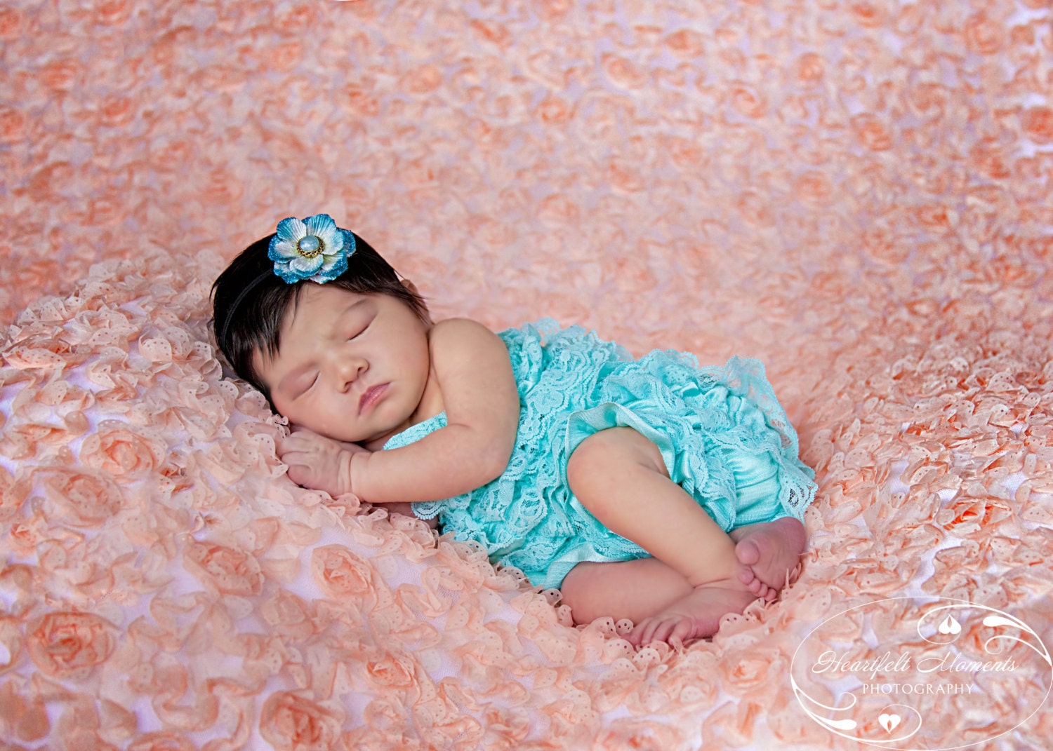Aqua Lace Newborn Romper and matching petite single sparkly flower hair bow....Photo prop