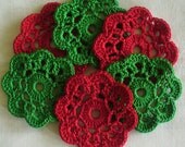 Christmas Crochet Applique Flowers,  Mini Doilies, Red, Green - set of 12