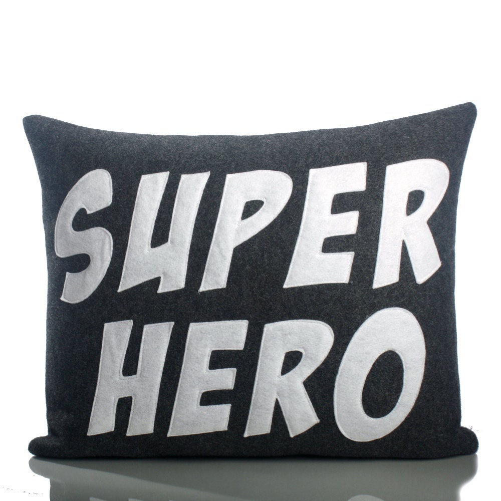 SUPER HERO - recycled felt applique pillow 14x18 - more colors available - alexandraferguson