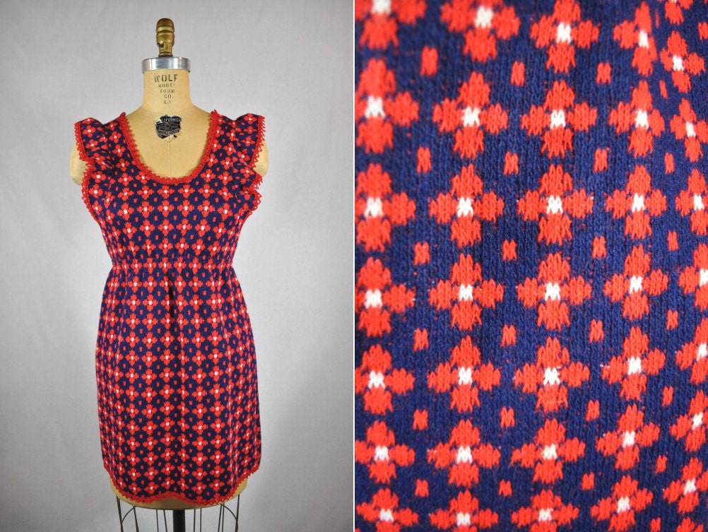vintage tunic tank 1970s knit top red blue S