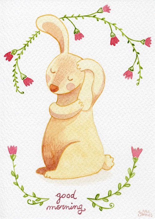 Original Postcard watercolor - Good morning rabbit