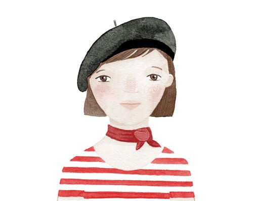 French girl black red striped - Linette Print 8 x 11.5