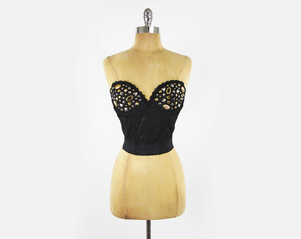 vtg 80s grunge black sheer LACE cut out gold silver STUDDED boned BUSTIER corset bra crop top 36 B