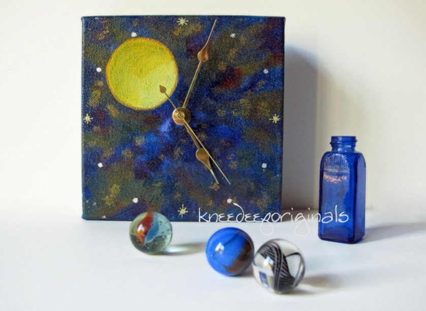 Space Art Clock acrylic painting 6x6 canvas planets moon midnight blue home decor mancave