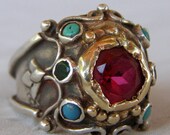 Silver Gold Ring, Gold Gemstone Ring, Antique Style Ring, Gold Ring, 9K Yellow Gold Hammered Queen Ring, Statement Jewelry
