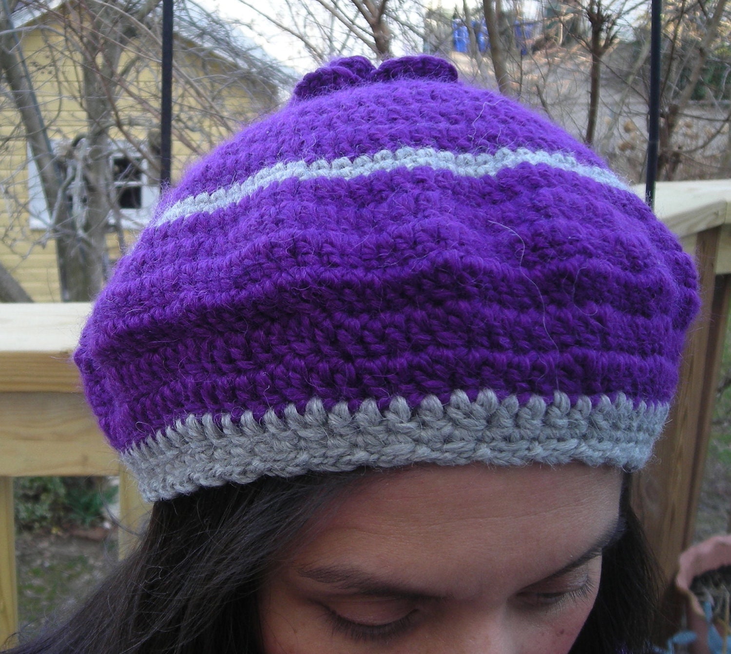 Crochet Hat, Crochet Cap, Crochet Beret, Tam,  Crochet Slouchy Hat, Tam-O-Shantar, Weekender Headwear, Purple Grape and Gray Baby Alpaca