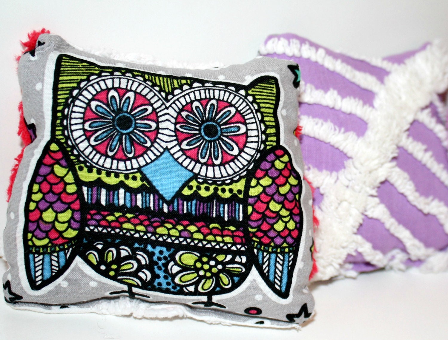 Owl Baby Rattle Soft Teether - Little Hootie - Lime Green, Red and Purple with Vintage Chenille