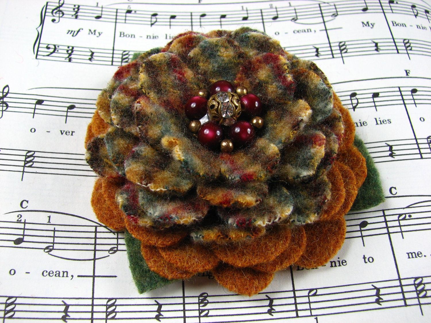 My Plaid Collection - Handcut Felted Wool Flower Brooch Pin in Mustard Yellow and Plaid with Vintage Earring Center