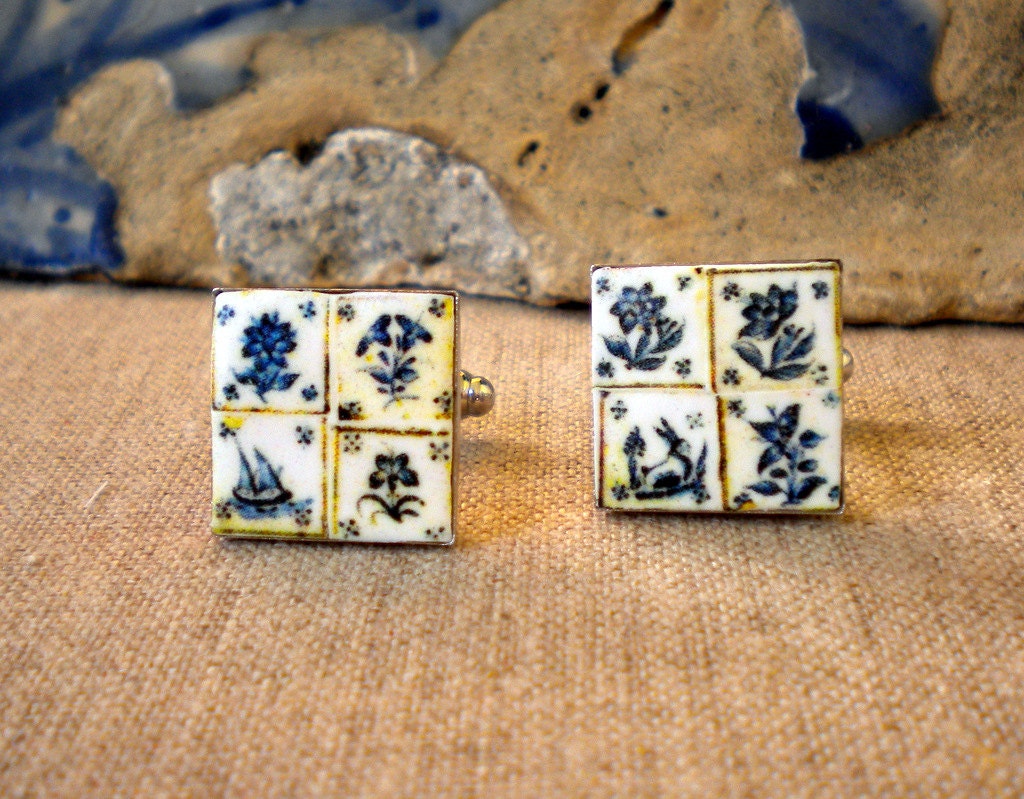 Portugal Lisbon Delft Blue Antique Tile Replica 1837  Pasteis de Belem CUFFLINKS, 17mm