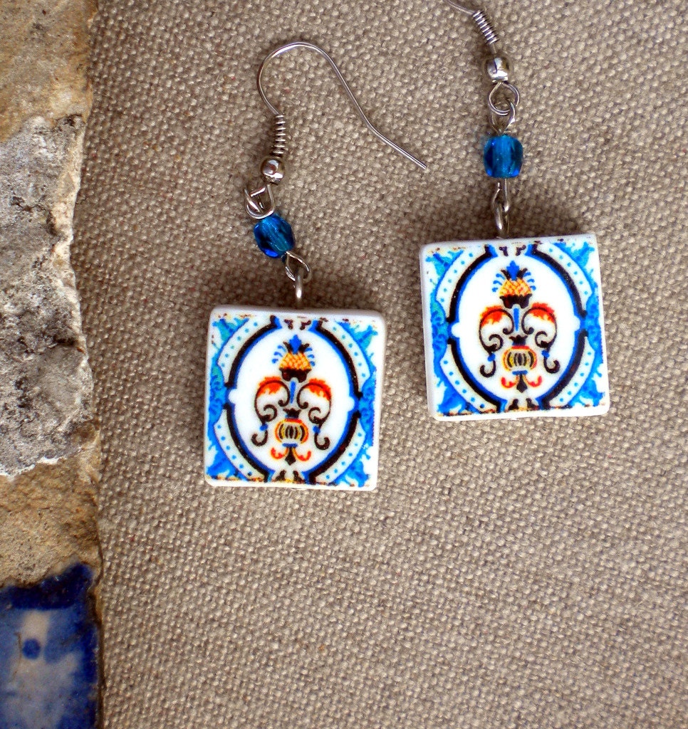 Portugal  Antique Tile Replica Earrings from Válega  1910 - BLUE - (see photo) waterproof and reversible