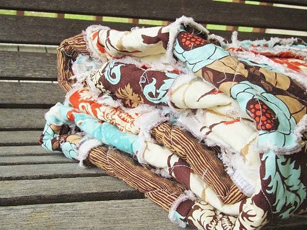Rag Quilt Throw, Large, Aviary 2 in bark,  ALL NATURAL, fresh modern handmade