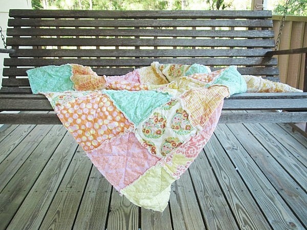 Picnic Quilt Throw, Rag, Fancy Sherbet, ALL NATURAL, fresh modern handmade, READY to ship