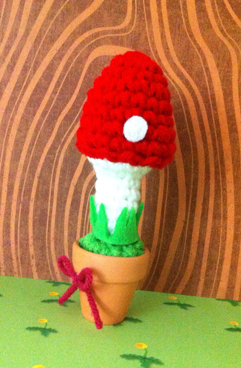 Potted Red Toadstool with Bow - Amigurumi