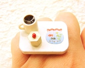 Coffee Ring  Miniature Food Jewelry Coffee And Strawberry Cake Chiyogami Fish