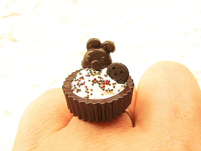 Cute Rabbit Ring Chocolate Ice Cream Miniature Food Jewelry