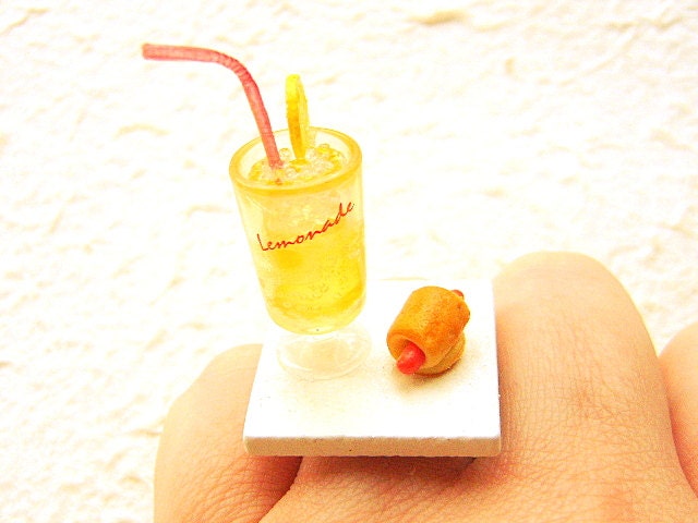 Food Ring Lemonade Sausage Roll  Miniature Food Jewelry