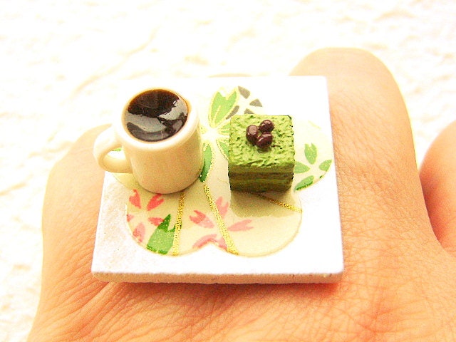 Coffee Ring Miniature Food Jewelry Coffee And Matcha Cake Chiyogami Plum Blossom
