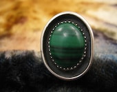 Ring - Size 6 3/4 - Sterling Silver - Malachite Ring - Green Stone - Green Lines - Large Women Ring - Natural Stone