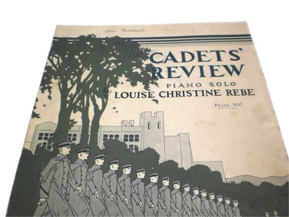 Cadets Review Vintage Sheet Music 1930s Military Academy WW2 School Marching Band Tune Industrial Mid Century Paper Ephemera Grey Green