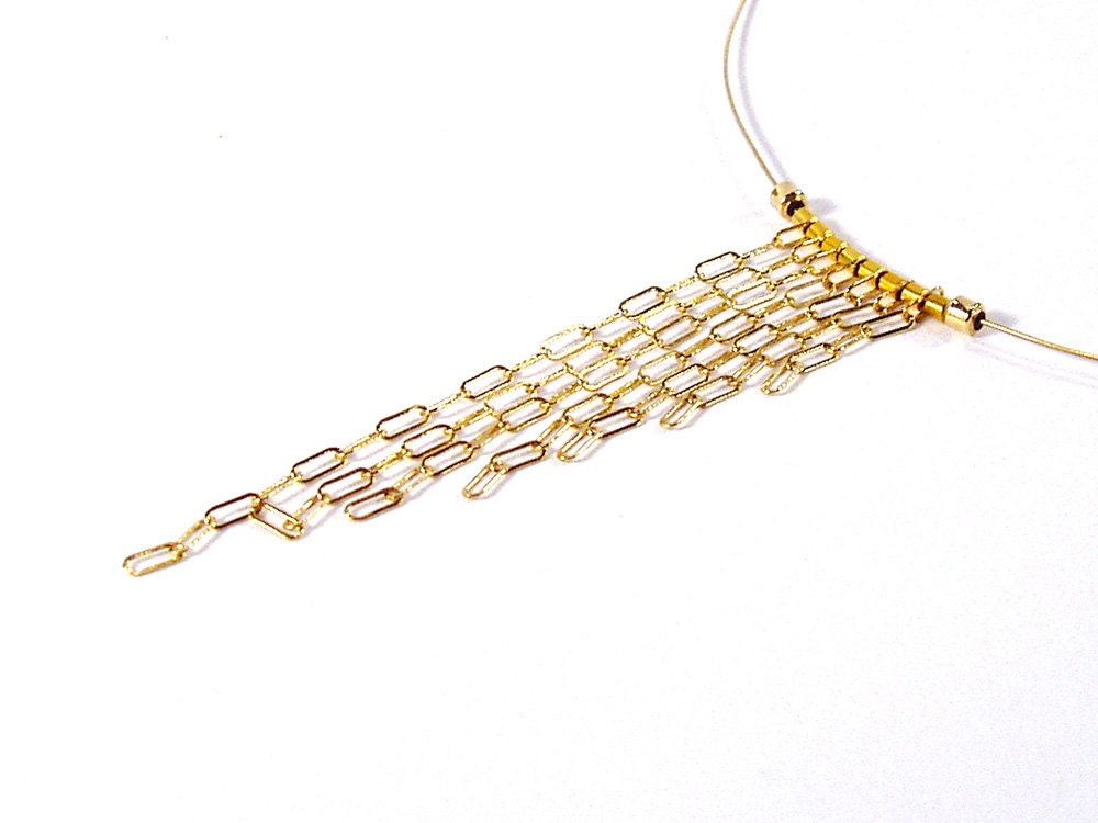Gold Fringe Necklace, Gold  Chain Necklace, Asymmetric Jewellery