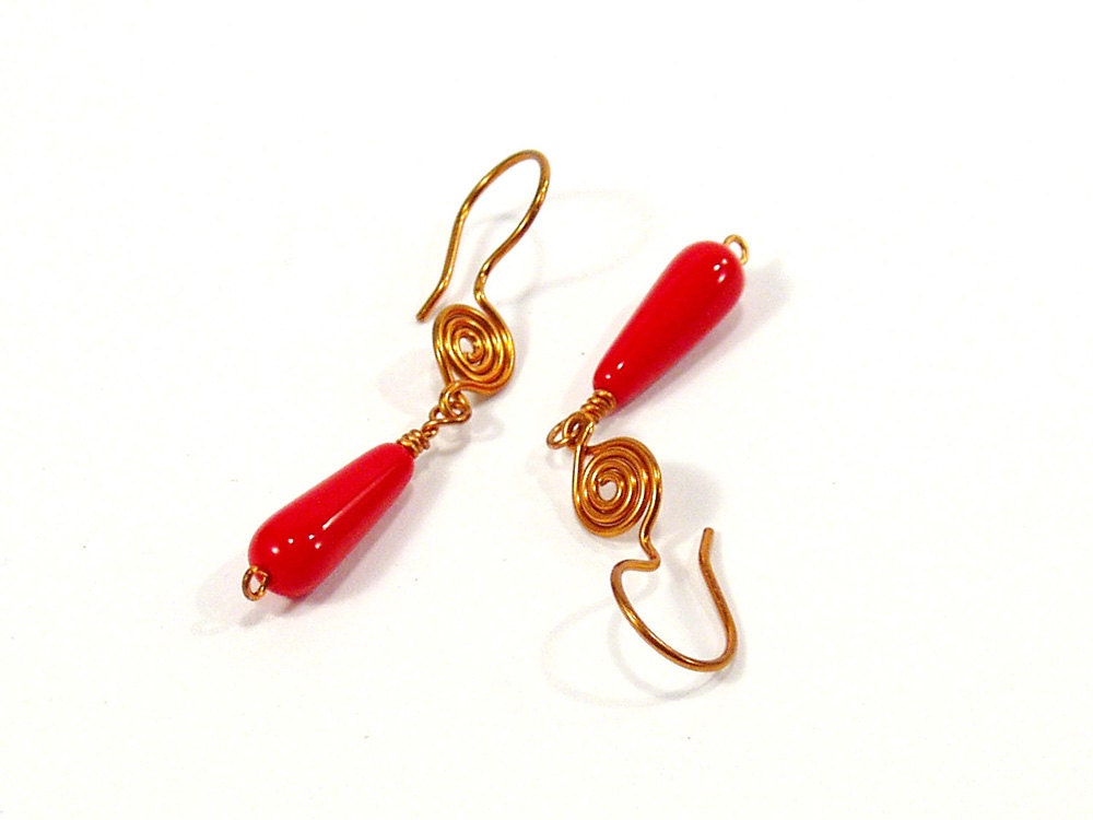 Red Drop Earrings, Copper Spiral, Artisan Jewellery