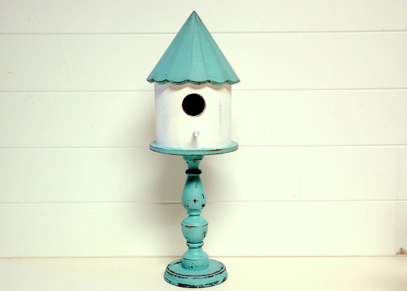 Made to Order -  Large Upcycled Shabby Chic Pedestal Birdhouse in Aqua by speckleddog on Etsy - tt team