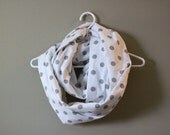 Oversized Polka Dot Infinity Scarf. Circle Cowl Scarf. White and Gray. For Her. Women. Spring Fashion. Extra Large Scarf