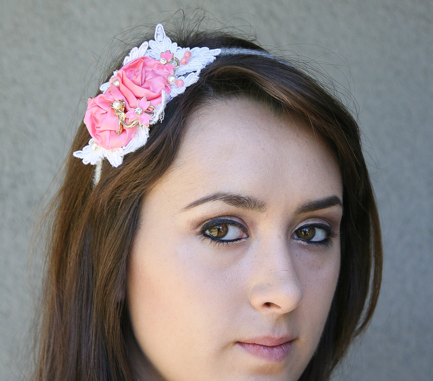 Hot pink roses and whit lace, flower headband for adults and teens