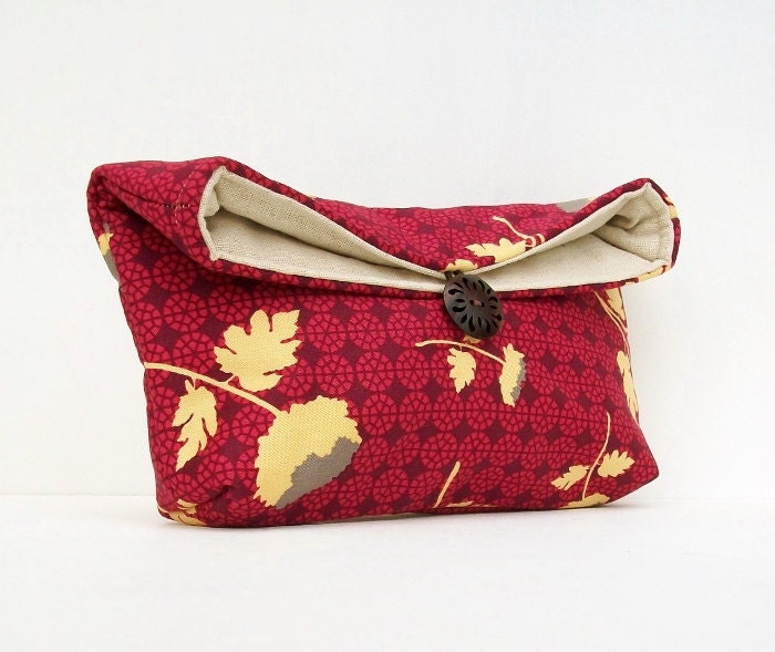 Makeup Bag, Yellow Flowers on Burgundy Clutch Purse, Great for Travel, Gift Under 25, Bridesmaid Gift