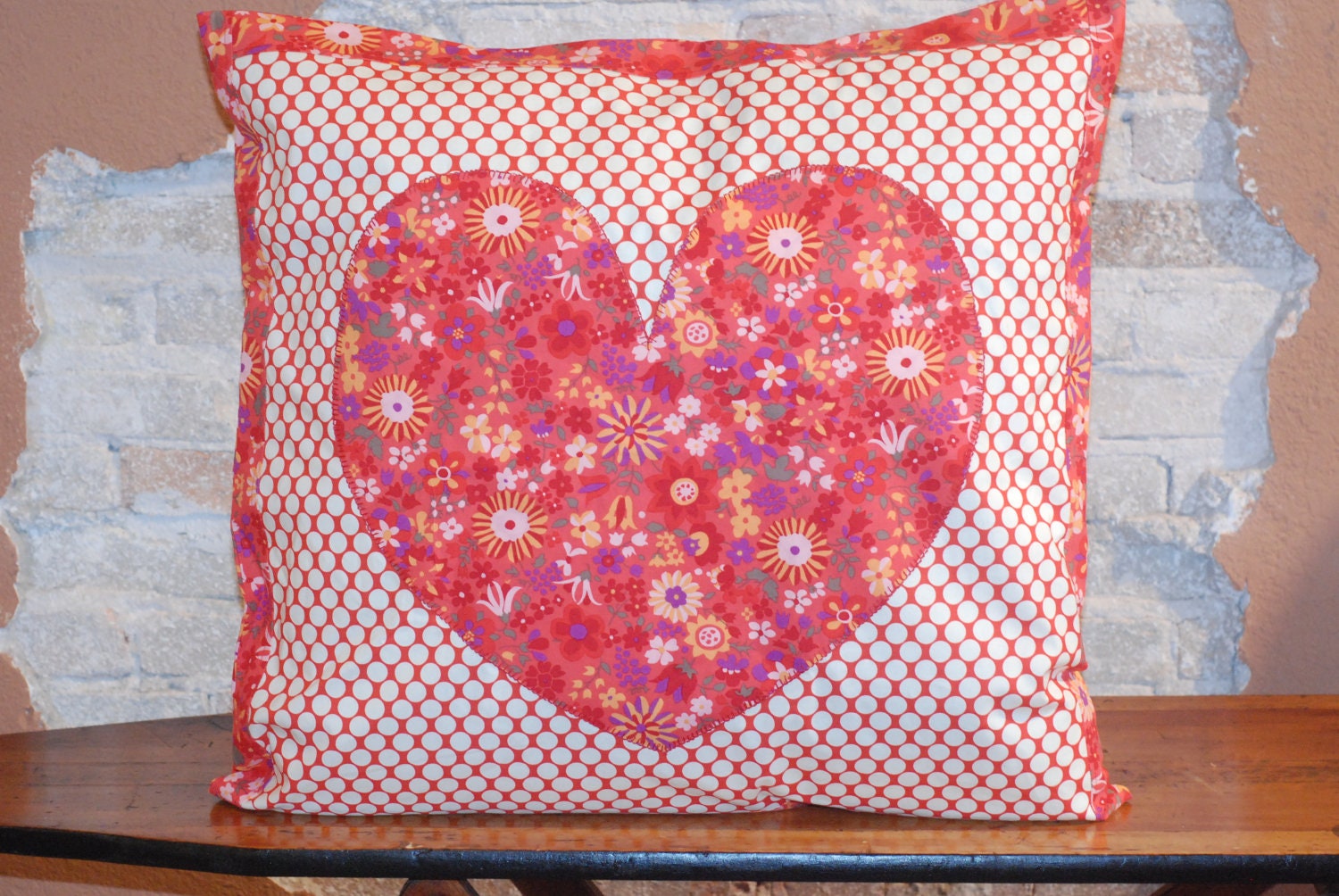 HUGE LOVE  pillow cushion cover - Heart Applique - Red Floral and Dots Cotton Fabric - Valentine's Day Room Decor