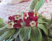 Christmas Ruby  Red  pressed Verbena and Linen Bridal Spirea behind  1x1 inch handcut glass earrings.
