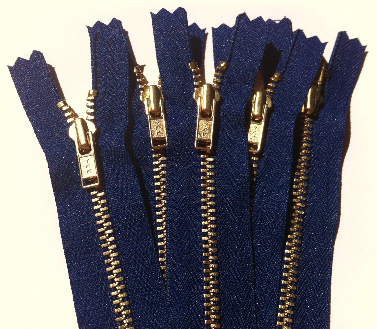 Brass Zippers- 14 inch closed bottom ykk gold colored metal teeth zips- (5) pieces - Navy 919