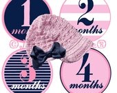 Baby GIrl Monthly Onesie Stickers Modern Girl Navy and Pink Onsies 12 Montlhy Baby stickers. Stripes and Solids