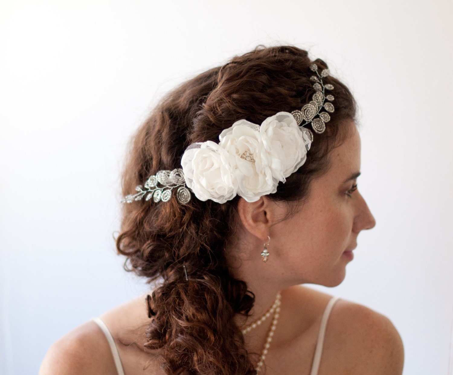 Bridal ivory and silver floral crown or tiara with beaded leaves, unique wedding headpiece