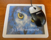 Electric Blue Owl Cross Stitched Mouse Pad