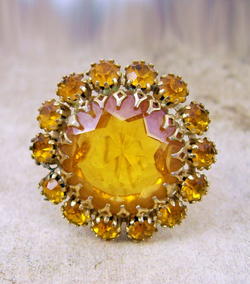VIntage FiREY jeweled LAYERED BROOCH yellow golden topaz open back