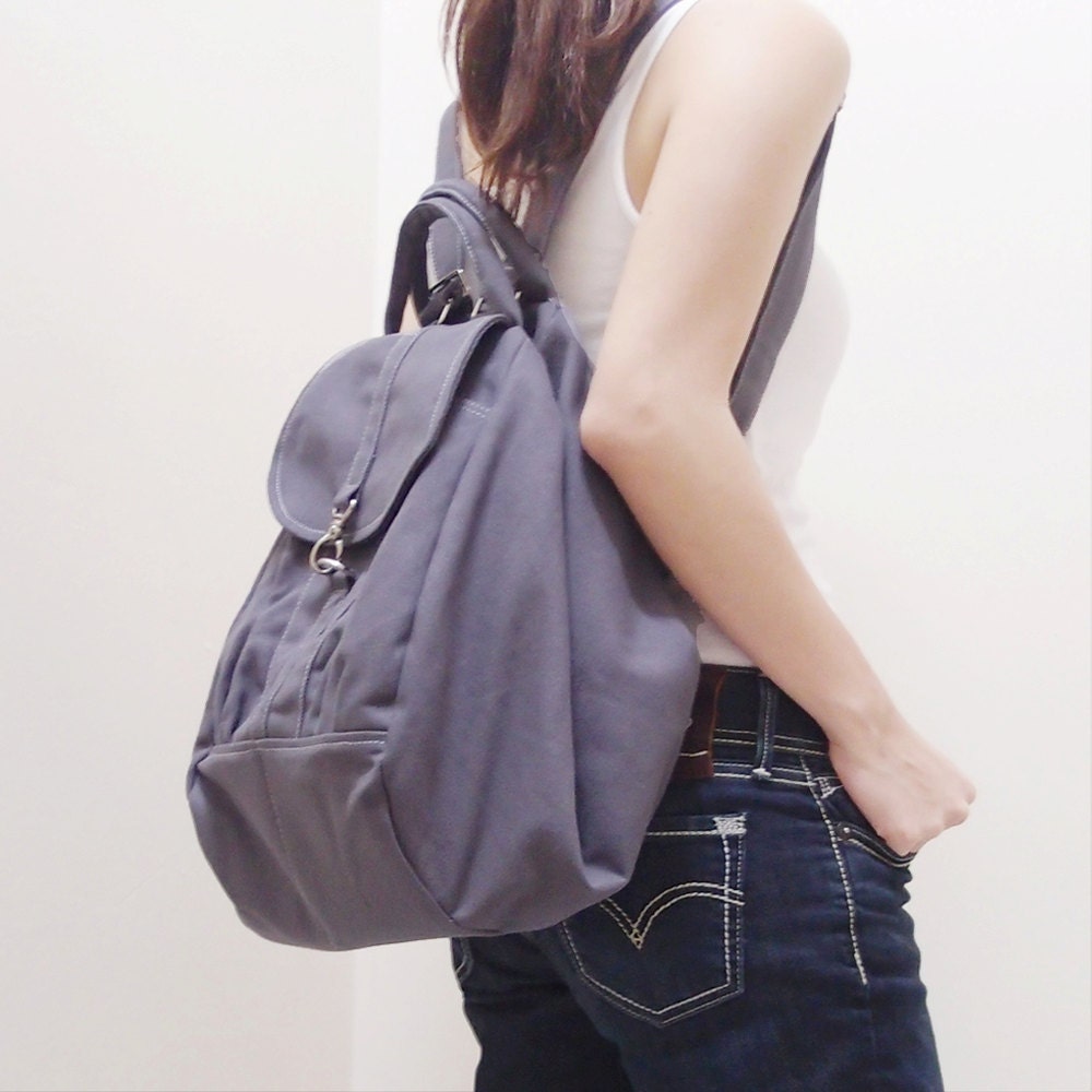 MAY Sale - Grey Canvas Women Backpack, Rucksack, Satchels, Messenger bag, Shoulder Bag, Tote, Hobo, School Bag, Handbag - ESSENTIAL